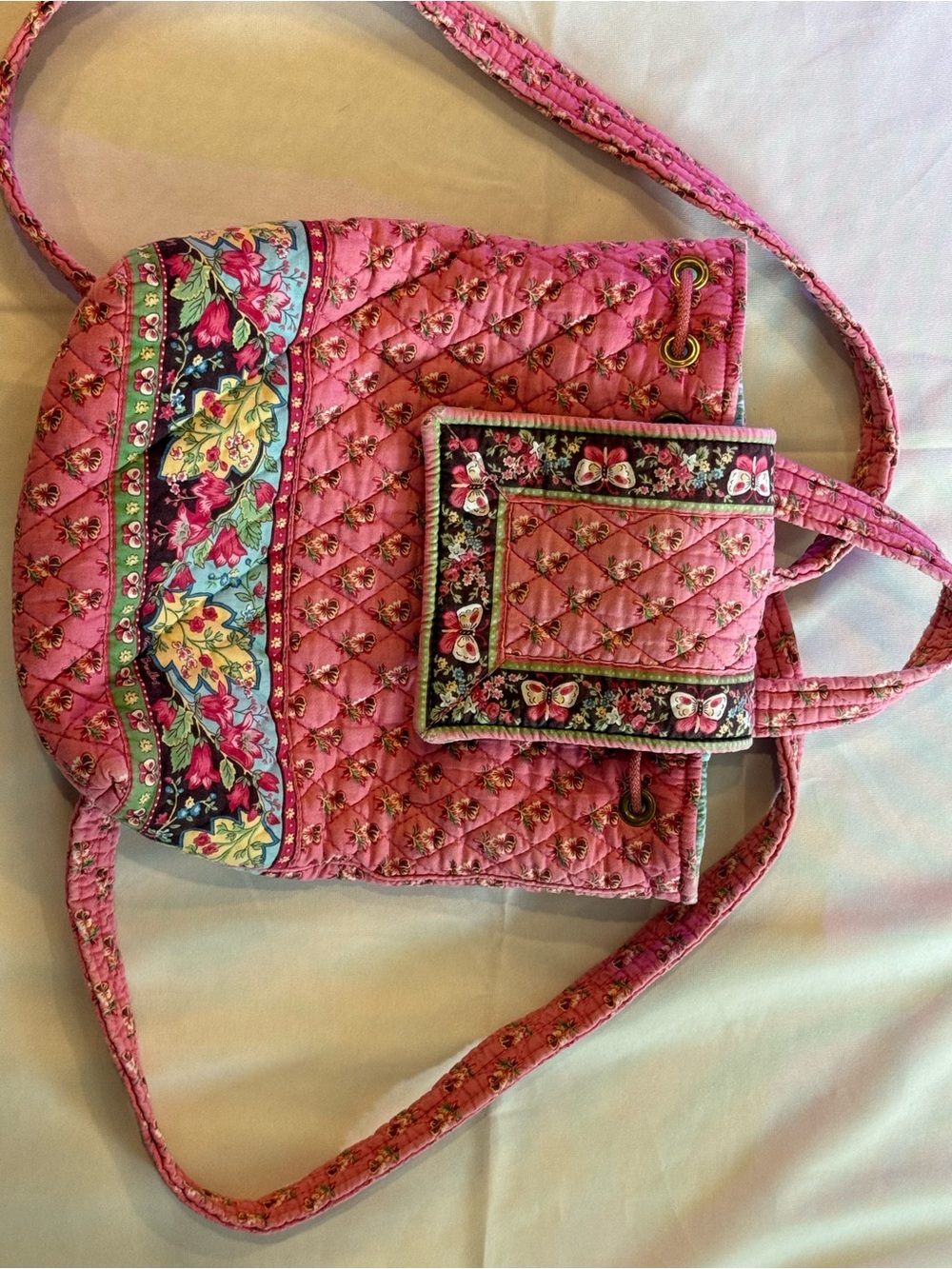 Rare Retired Vera Bradley Pink Pansy Mimi Backpack USA Made Quilted Drawstring - Picture 1 of 7